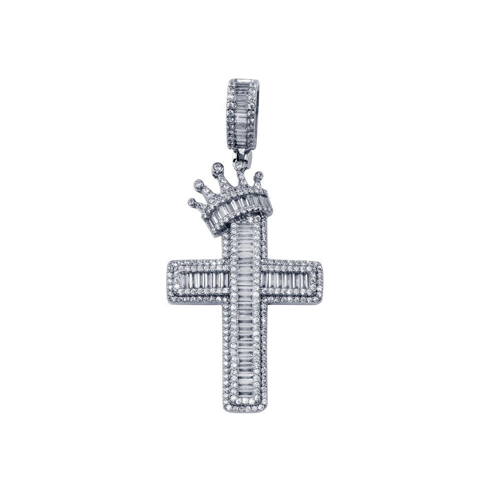 Rhodium Plated 925 Sterling Silver CZ King Jesus Crown Cross Hip Hop Pendant