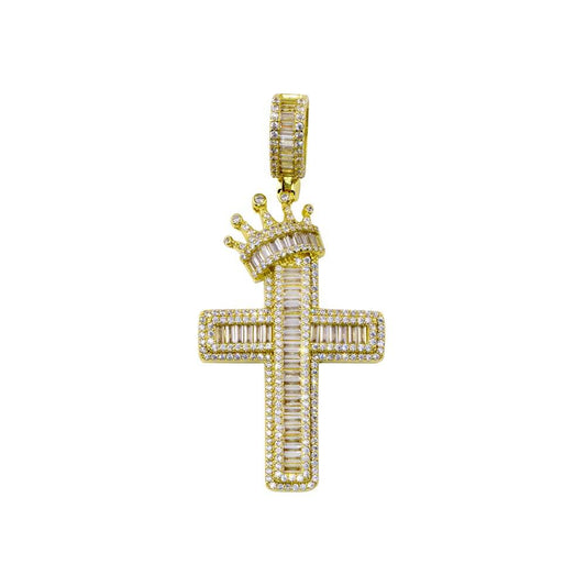 Gold Plated 925 Sterling Silver King Jesus Christian Crown Cross Hip Hop Pendant