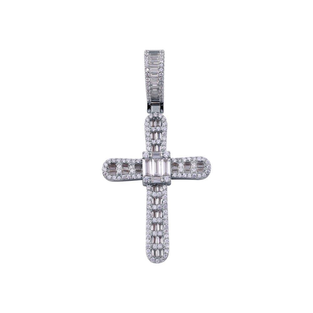 Rhodium Plated 925 Sterling Silver CZ  Cross Hip Hop Pendant