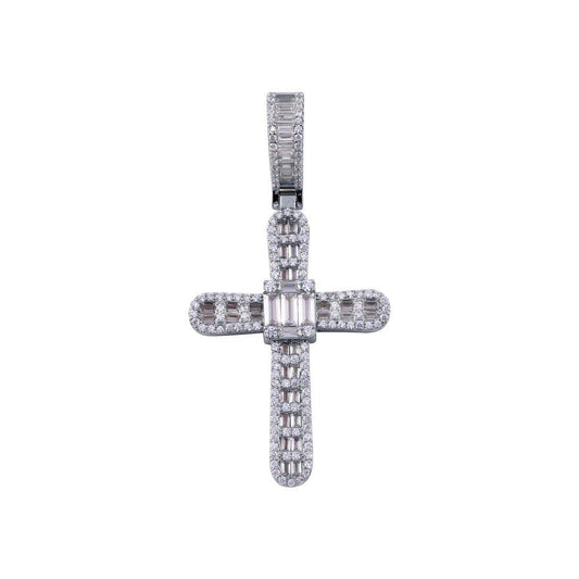 Rhodium Plated 925 Sterling Silver CZ  Cross Hip Hop Pendant