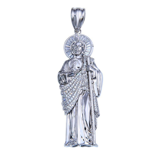 Rhodium Plated 925 Sterling Silver Clear CZ Large St Jude Saint Catholic Pendant