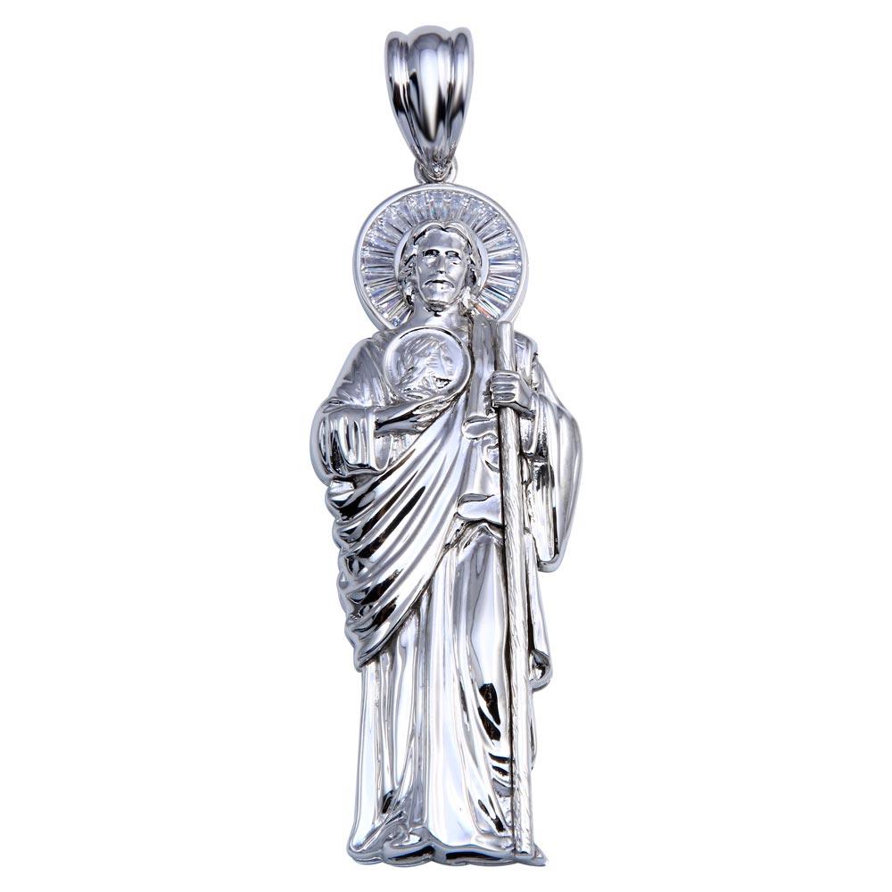 Rhodium Plated 925 Sterling Silver Saint Jude Catholic Christian Large Pendant