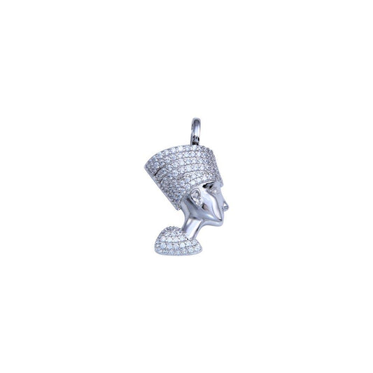 Rhodium Plated 925 Sterling Silver CZ Egyptian Nefertiti Pharaoh Head Pendant