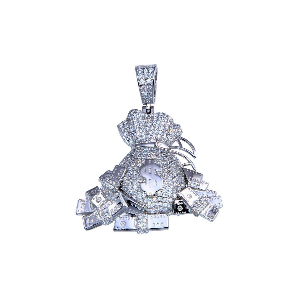 Rhodium Plated 925 Sterling Silver CZ Cash Money $ Baller Bag Rich Bills Pendant
