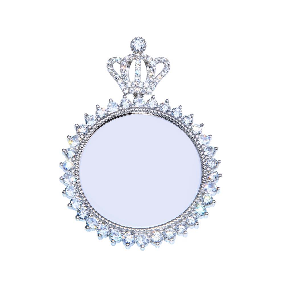 Rhodium Plated 925 Sterling Silver CZ Crown Mirror Pendant