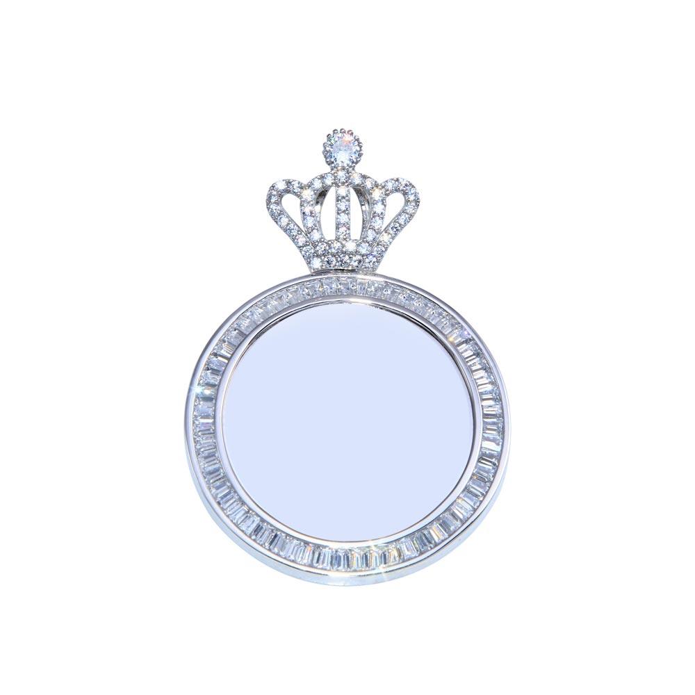 Rhodium Plated 925 Sterling Silver CZ Crown Mirror Charm Tiara Pendant