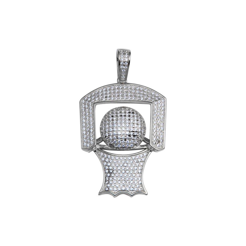 Rhodium Plated 925 Sterling Silver CZ Basketball Hoop Sports Baller Game Pendant