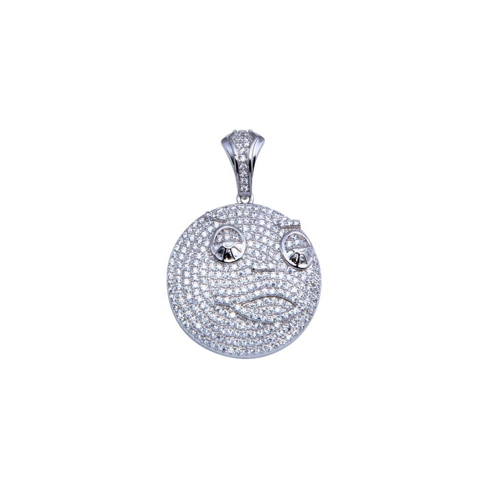 Rhodium Plated 925 Sterling Silver CZ Round Face Pendant Hip Hop Charm