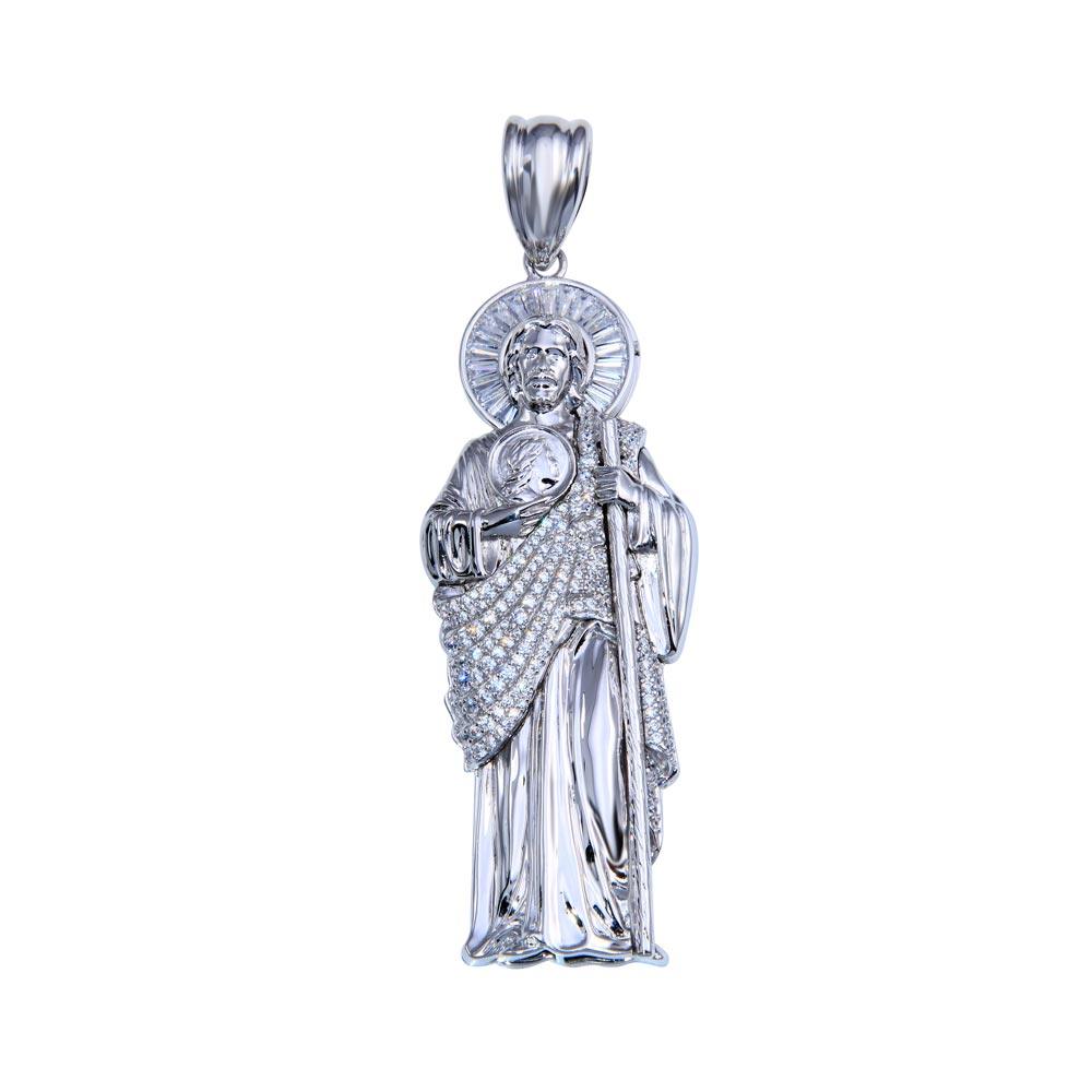 Rhodium Plated 925 Sterling Silver Clear CZ St Saint Jude Christian Pendant