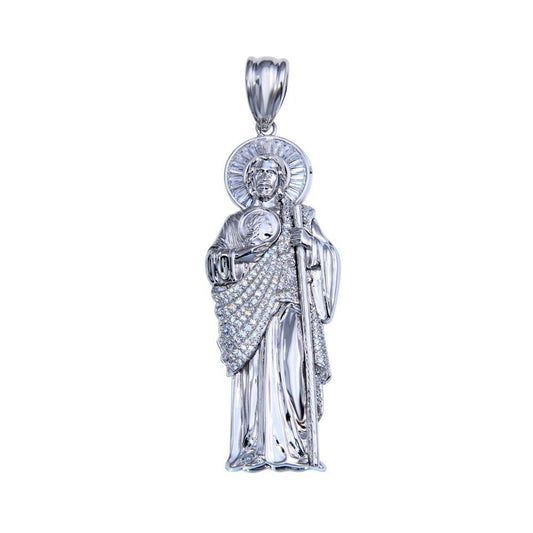 Rhodium Plated 925 Sterling Silver Clear CZ St Jude Catholic Saint Jesus Pendant