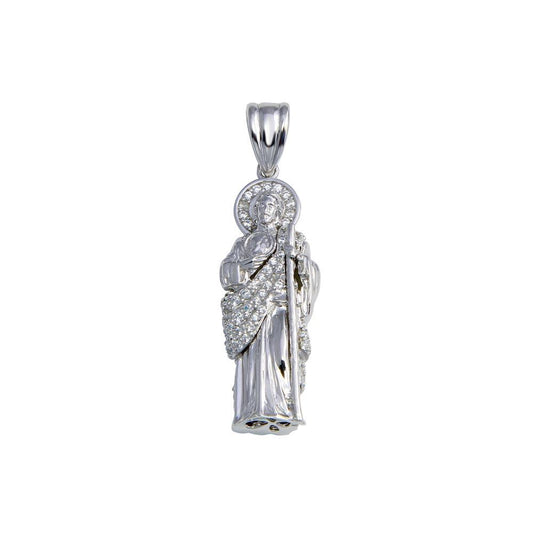 Rhodium Plated 925 Sterling Silver CZ St Jude Catholic Saint Thaddeus Pendant