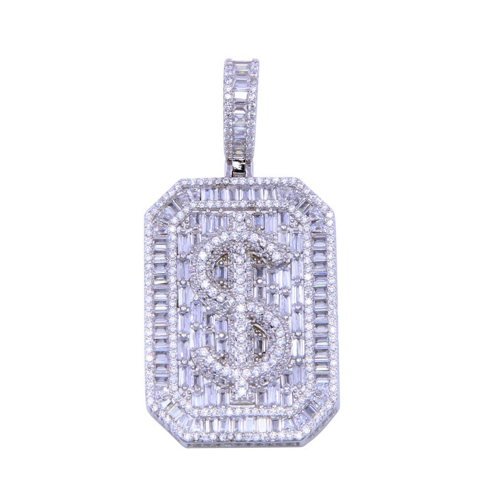 Rhodium Plated 925 Sterling Silver CZ Dollar Sign Tag Money Rich Cash $ Pendant