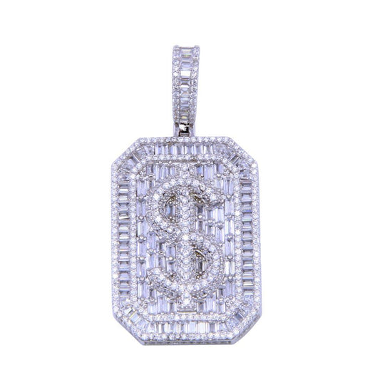 Rhodium Plated 925 Sterling Silver CZ Dollar Sign Tag Money Rich Cash $ Pendant