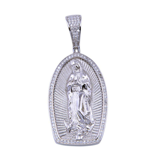 Rhodium Plated 925 Sterling Silver CZ Our Lady of Guadalupe Catholic Pendant