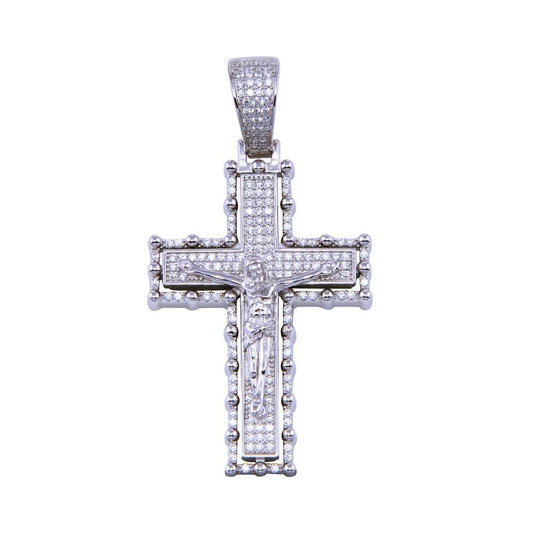 Rhodium Plated 925 Sterling Silver CZ Cross Jesus Crucifix Catholic Love Pendant