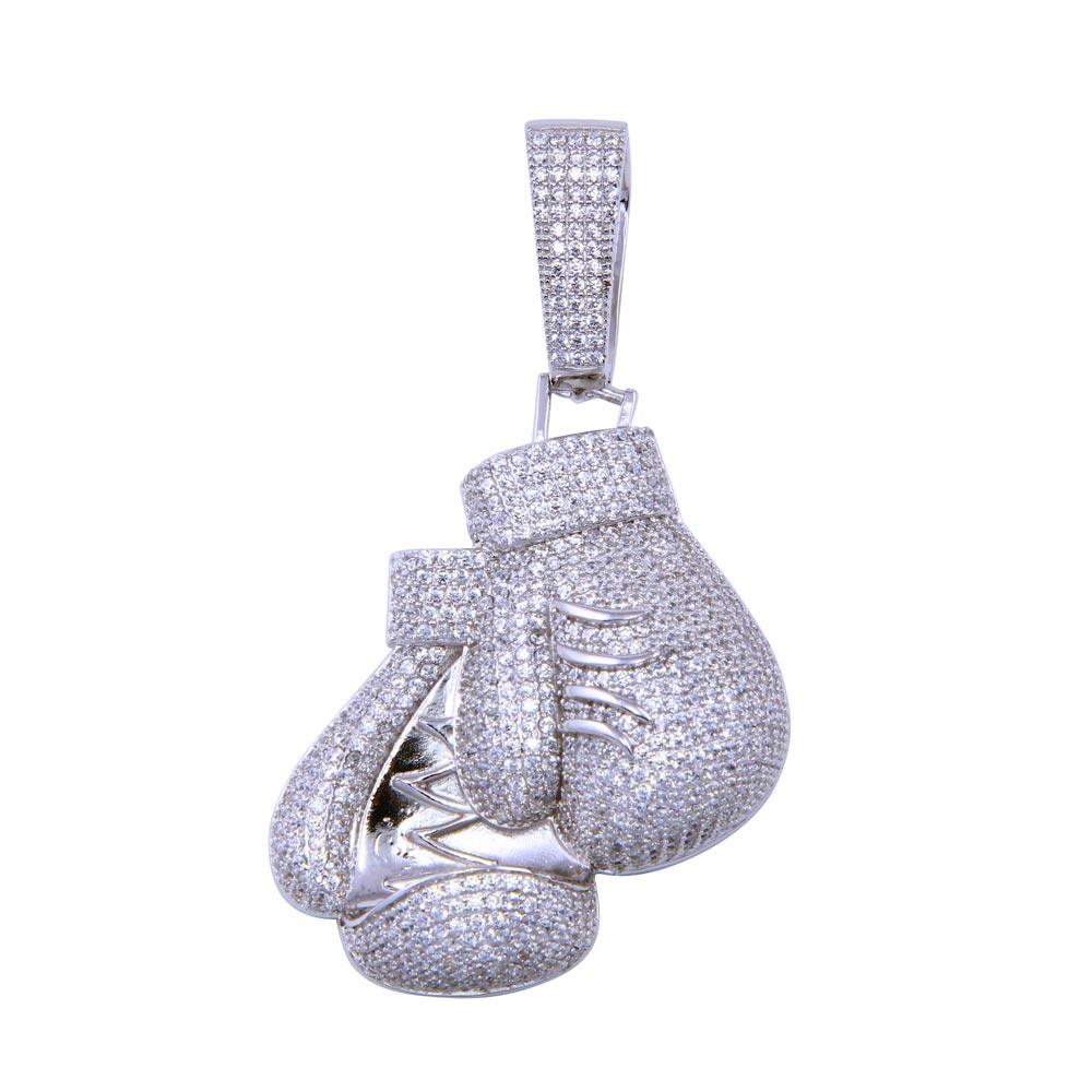 Rhodium Plated 925 Sterling Silver CZ Boxing Glove Sport Fighting MMA Pendant