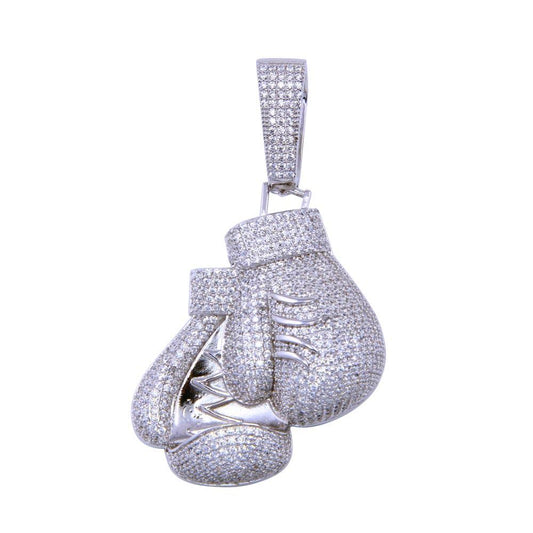Rhodium Plated 925 Sterling Silver CZ Boxing Glove Sport Fighting MMA Pendant
