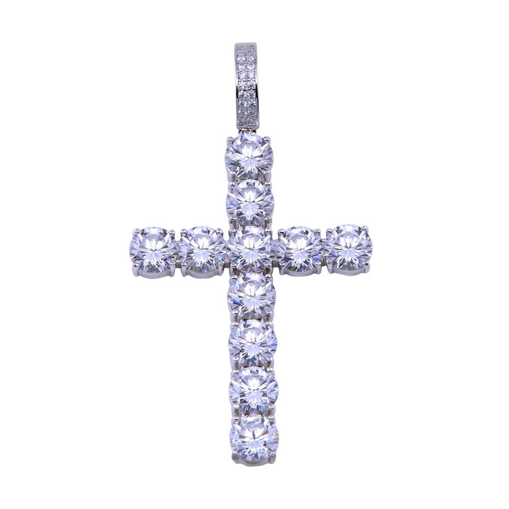 Rhodium Plated 925 Sterling Silver CZ Large Bubble Cross Christian Jesus Pendant
