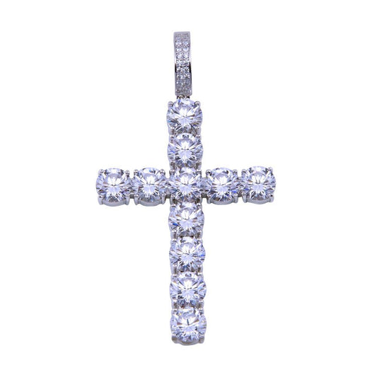Rhodium Plated 925 Sterling Silver CZ Large Bubble Cross Christian Jesus Pendant
