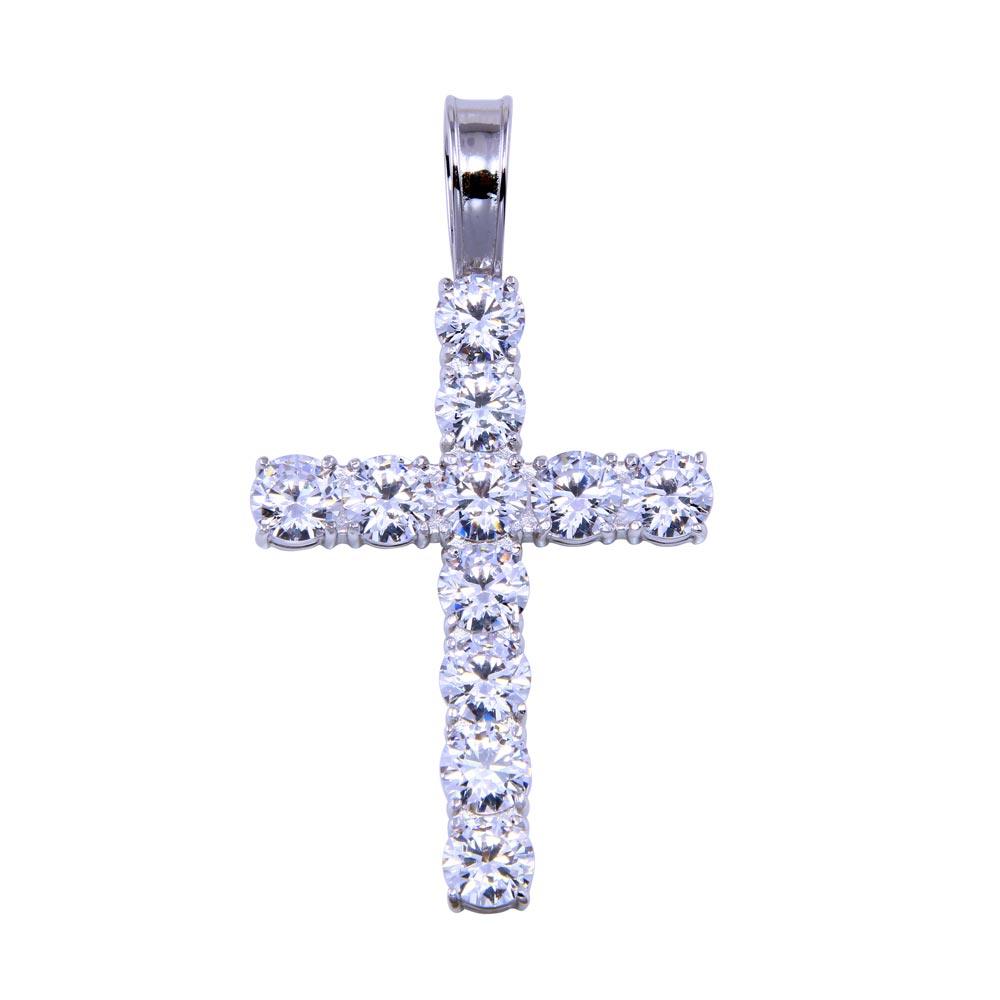 Rhodium Plated 925 Sterling Silver CZ Small Bubble Cross Christian Jesus Pendant