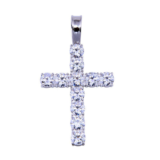 Rhodium Plated 925 Sterling Silver CZ Small Bubble Cross Christian Jesus Pendant