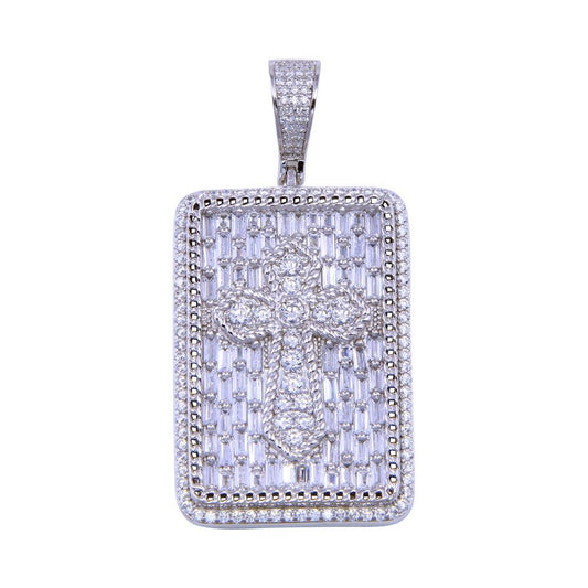 Rhodium Plated 925 Sterling Silver CZ Cross Dog Tag Christian Crucifix Pendant