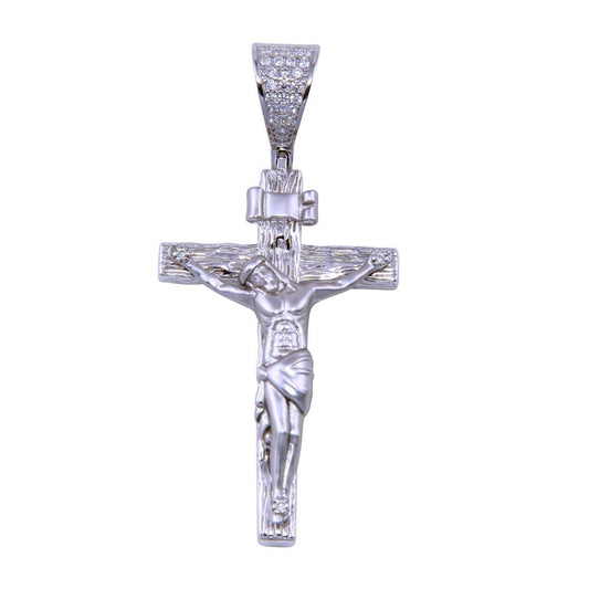 Rhodium Plated 925 Sterling Silver CZ Jesus Cross Catholic Crucifix Pendant