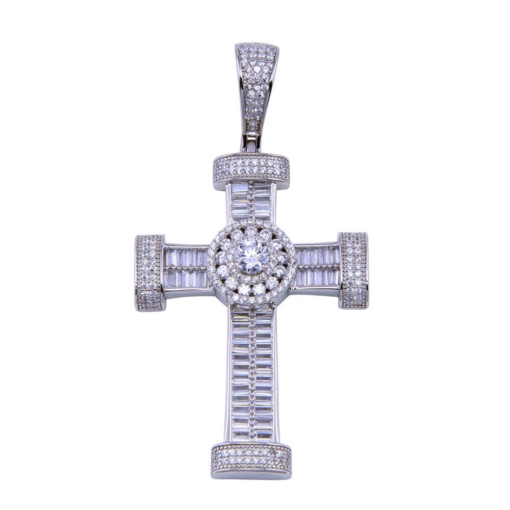 Rhodium Plated 925 Sterling Silver CZ Disc Center Cross Christian Charm Pendant