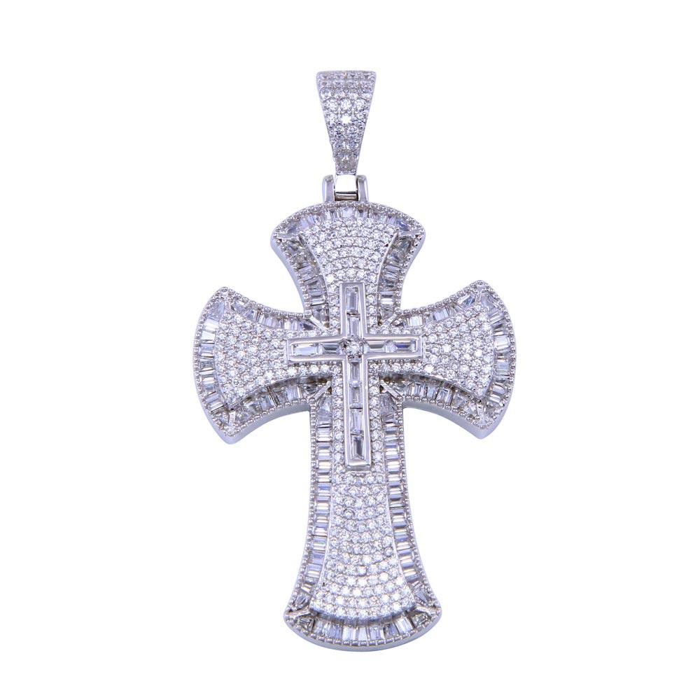 Rhodium Plated 925 Sterling Silver CZ Cross Christian Crucifix Jesus Pendant