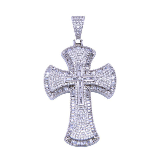 Rhodium Plated 925 Sterling Silver CZ Cross Christian Crucifix Jesus Pendant