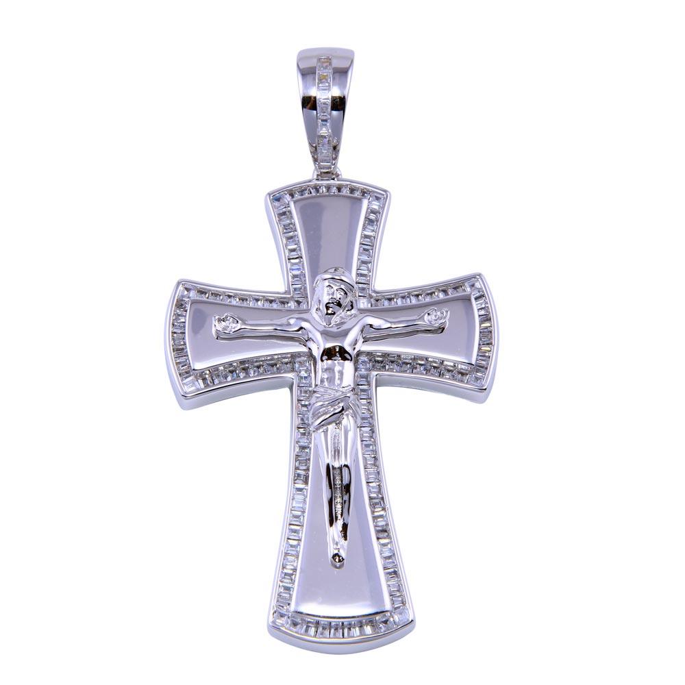Rhodium Plated 925 Sterling Silver Baguette CZ Cross Jesus Crucifix Pendant