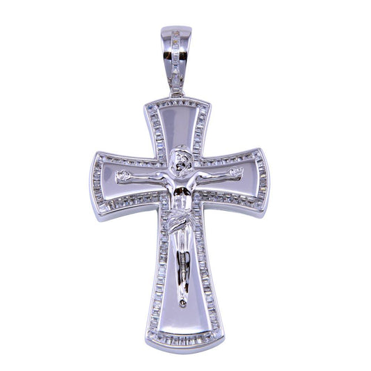 Rhodium Plated 925 Sterling Silver Baguette CZ Cross Jesus Crucifix Pendant