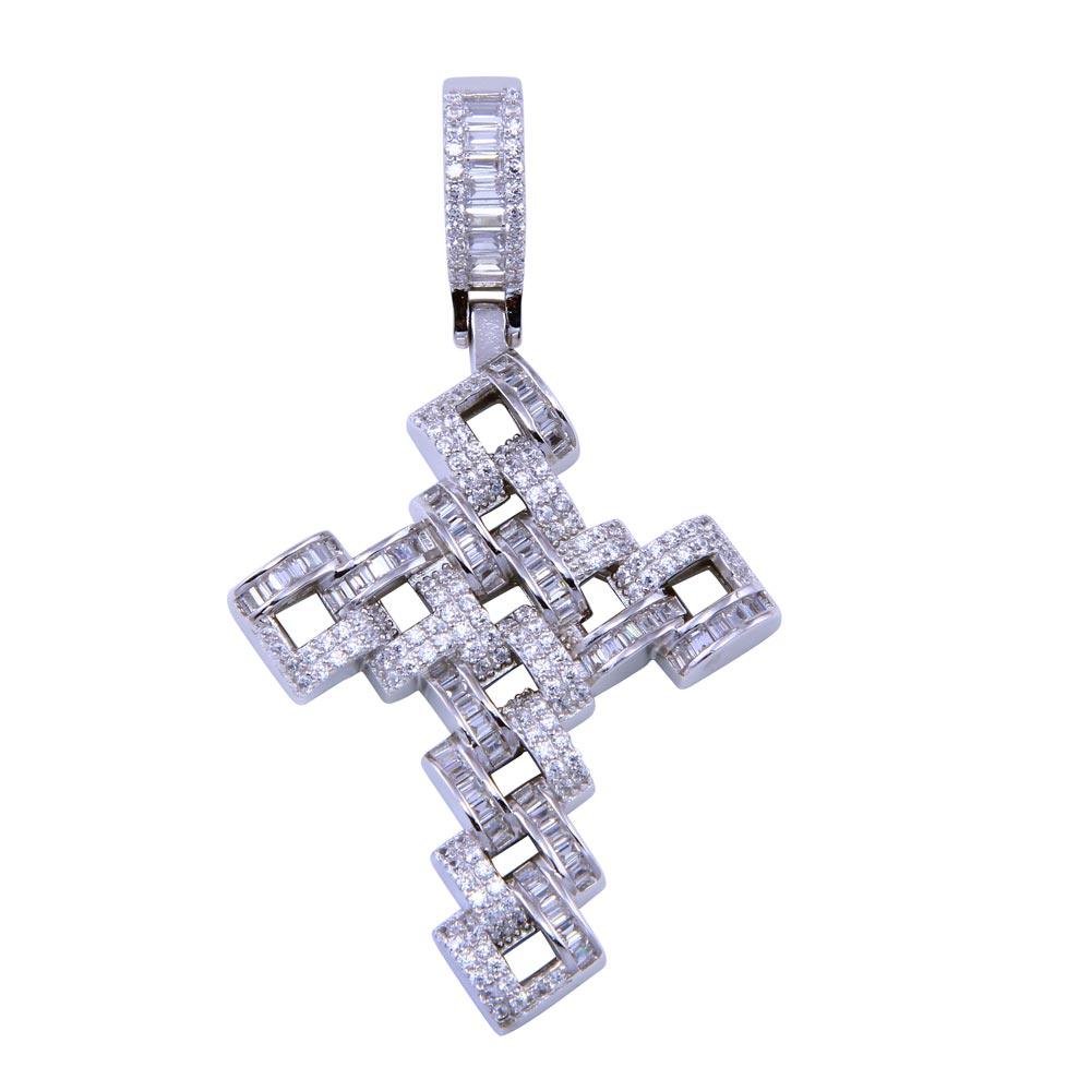 Rhodium Plated 925 Sterling Silver CZ Link Cross Checkered Knot Jesus Pendant