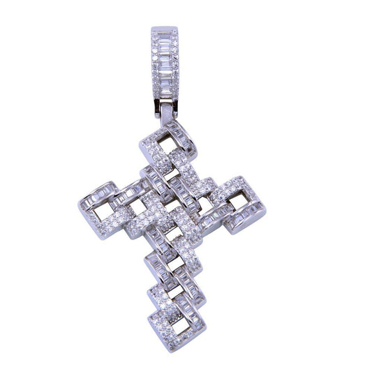 Rhodium Plated 925 Sterling Silver CZ Link Cross Checkered Knot Jesus Pendant