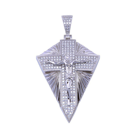 Rhodium Plated 925 Sterling Silver Shining Cross Shield Jesus Crucifix Pendant