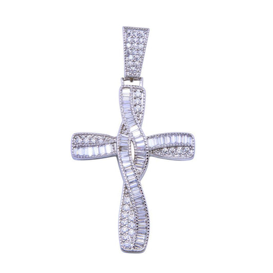 Rhodium Plated 925 Sterling Silver CZ Wave Cross Christian Jesus Knot Pendant