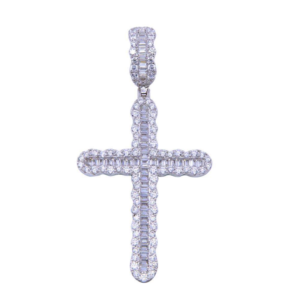 Rhodium Plated 925 Sterling Silver CZ Bordered Cross Christian Jesus Pendant