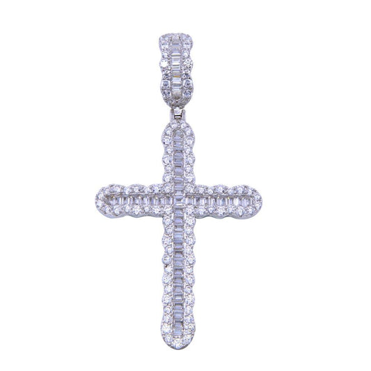 Rhodium Plated 925 Sterling Silver CZ Bordered Cross Christian Jesus Pendant