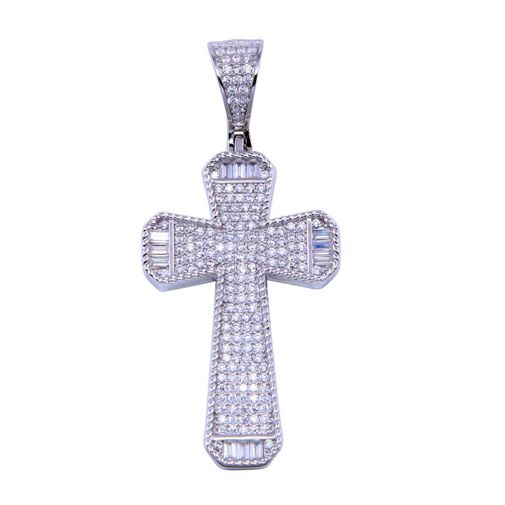 Rhodium Plated 925 Sterling Silver CZ Cross Christian Catholic Crucifix Pendant