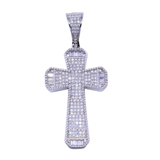 Rhodium Plated 925 Sterling Silver CZ Cross Christian Catholic Crucifix Pendant