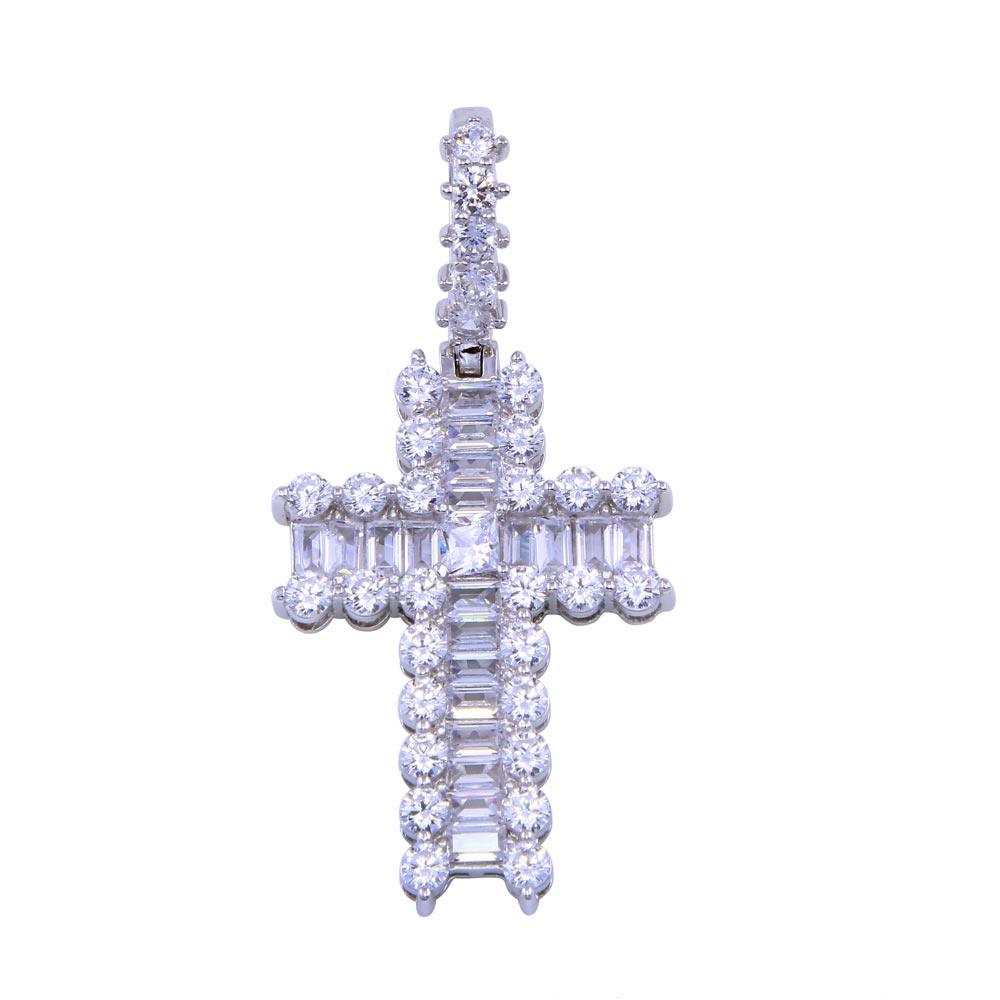 Rhodium Plated 925 Sterling Silver CZ Bordered Baguette Cross Christian Pendant