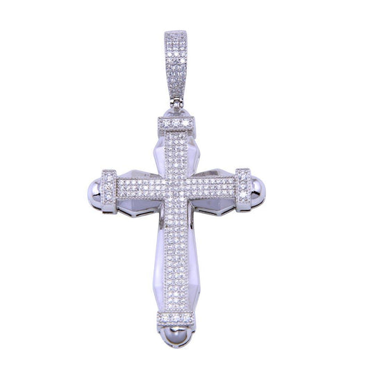 Rhodium Plated 925 Sterling Silver CZ Cross Jesus Christian Crucifix Pendant