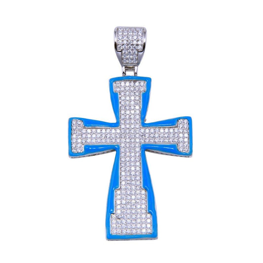 Rhodium Plated 925 Sterling Silver Blue Glow Enamel CZ Cross Christian Pendant