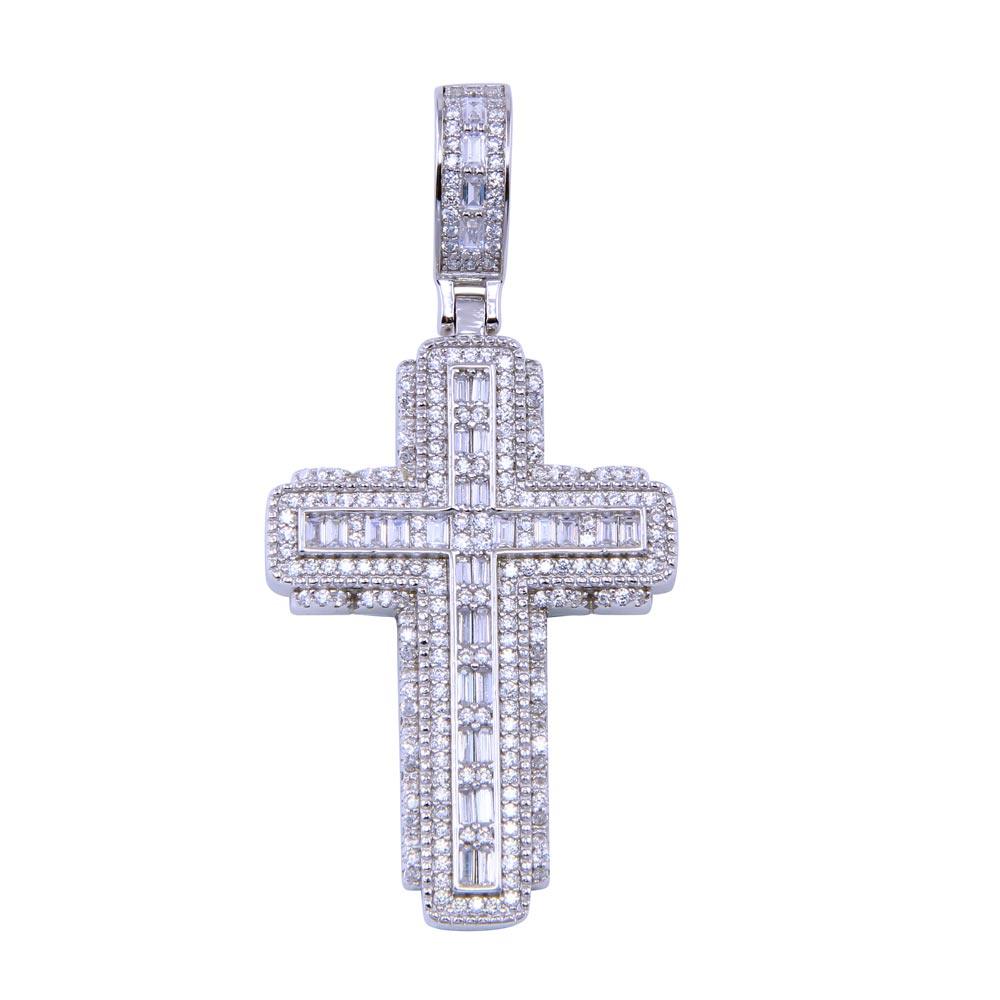 Rhodium Plated 925 Sterling Silver CZ Cross Jesus Christian Crucifix Pendant