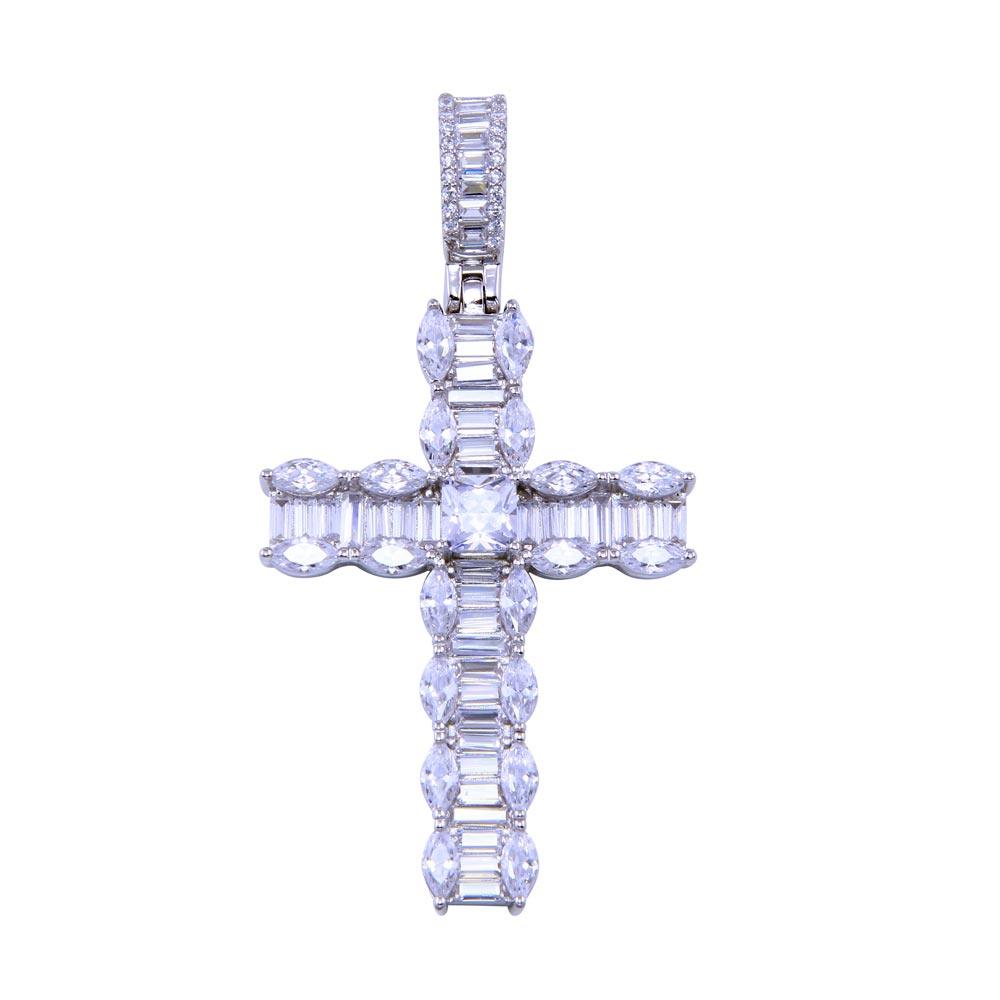 Rhodium Plated 925 Sterling Silver CZ Baguette Cross Christian Crucifix Pendant