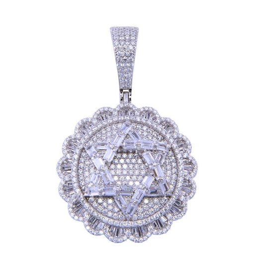 Rhodium Plated 925 Sterling Silver CZ Star of David Jewish Medallion Pendant