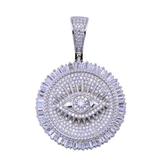 Rhodium Plated 925 Sterling Silver CZ Encrusted Eye Disc Medallion Halo Pendant