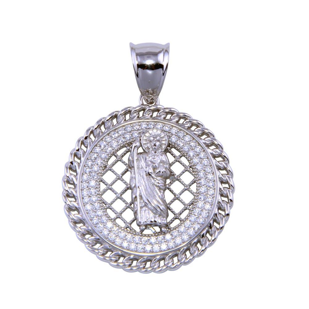 Rhodium Plated 925 Sterling Silver CZ Encrusted Saint Jude Medallion New Pendant