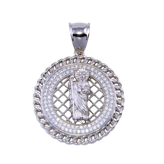 Rhodium Plated 925 Sterling Silver CZ Encrusted Saint Jude Medallion New Pendant