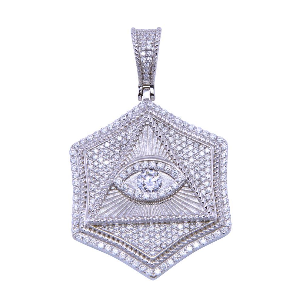 Rhodium Plated 925 Sterling Silver CZ Triangle Eye All Seeing Dollar Pendant